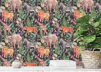 Vibrant safari-themed wallpaper with jungle and floral elements