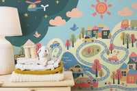 Playful city mural with vibrant colors
