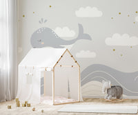 Calm sleeping whale mural for modern decor

