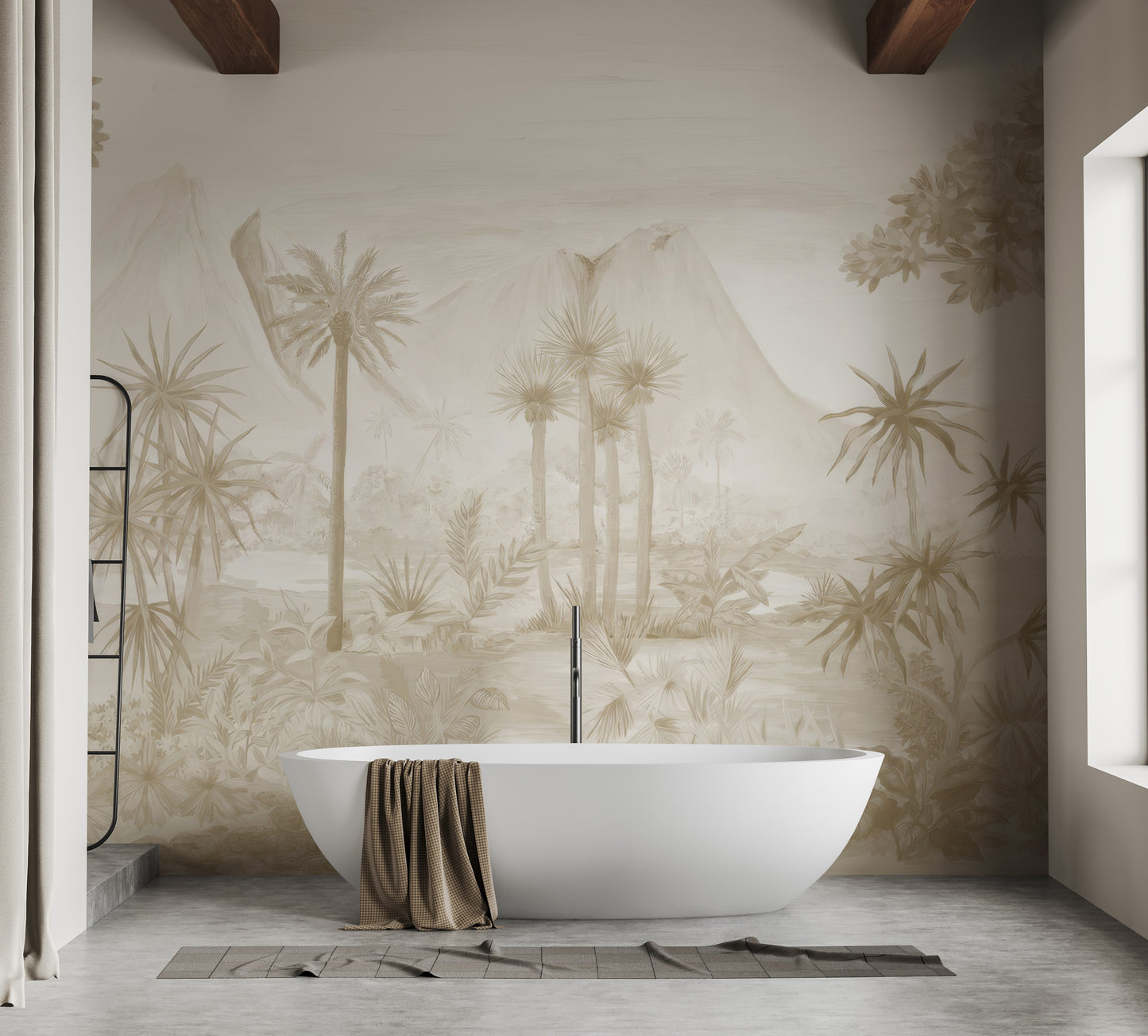 Tropical jungle wallpaper in warm sepia hues for a timeless look
