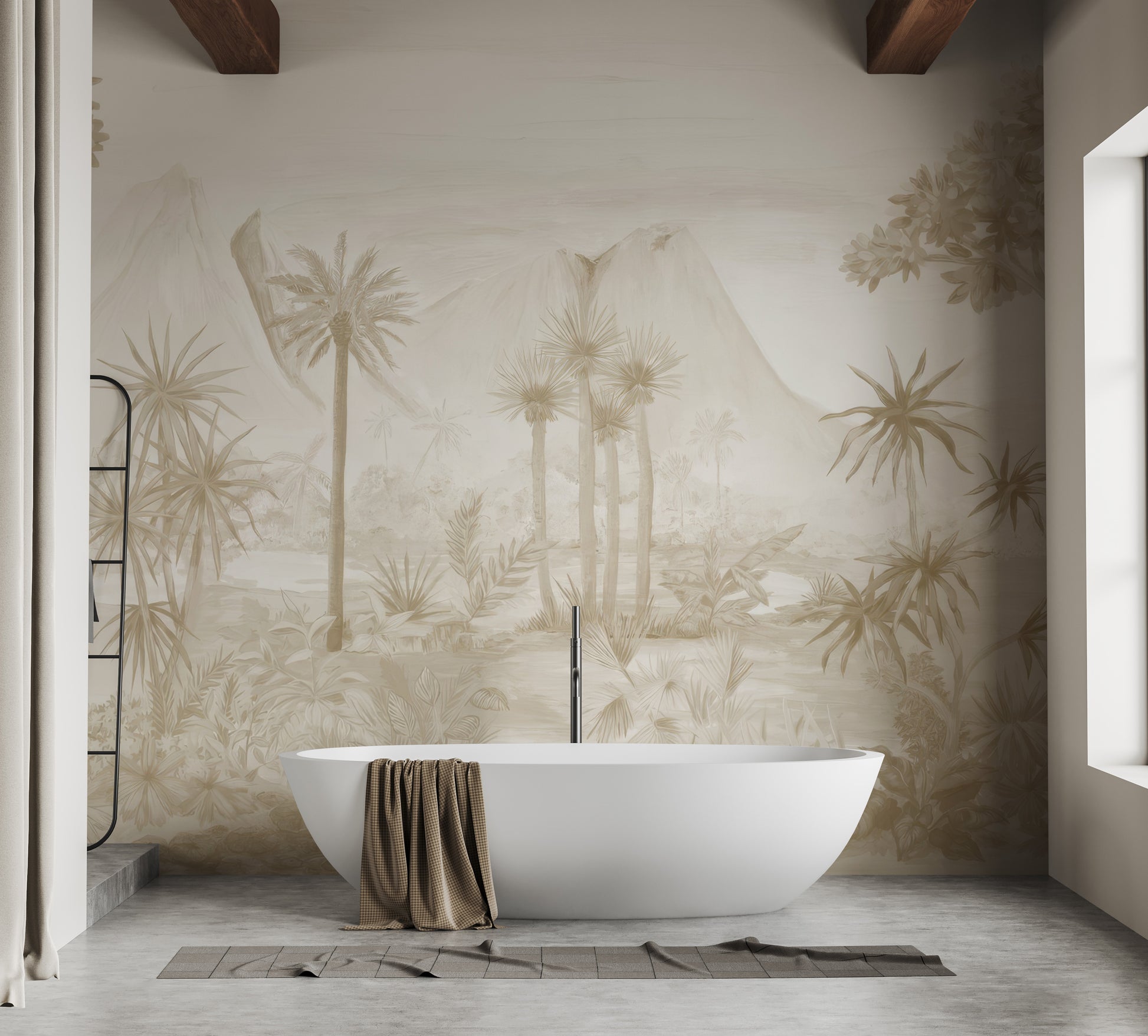 Tropical jungle wallpaper in warm sepia hues for a timeless look
