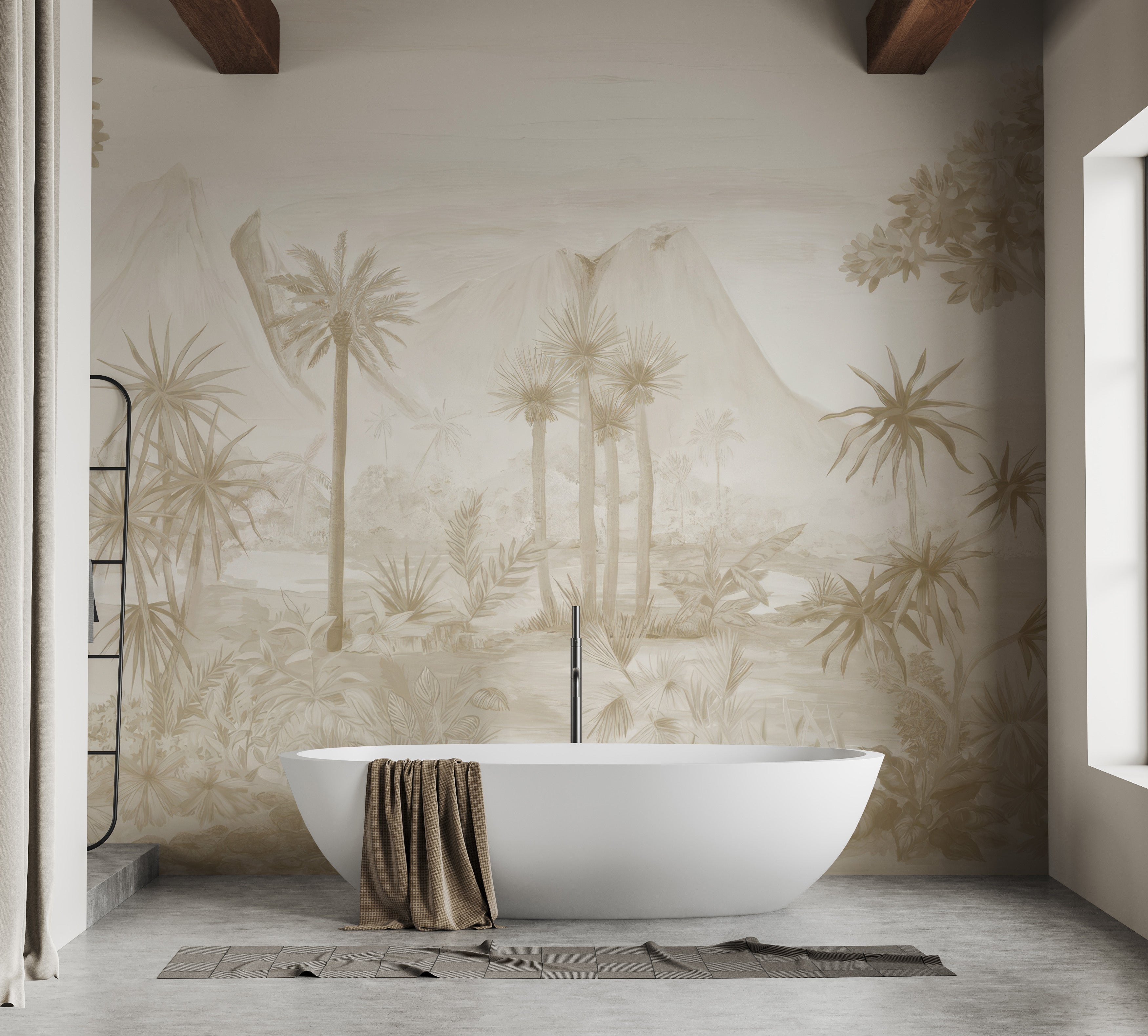 Tropical jungle wallpaper in warm sepia hues for a timeless look
