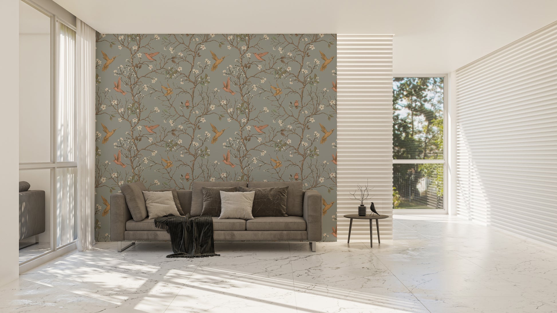 Classic garden mural featuring hummingbirds
