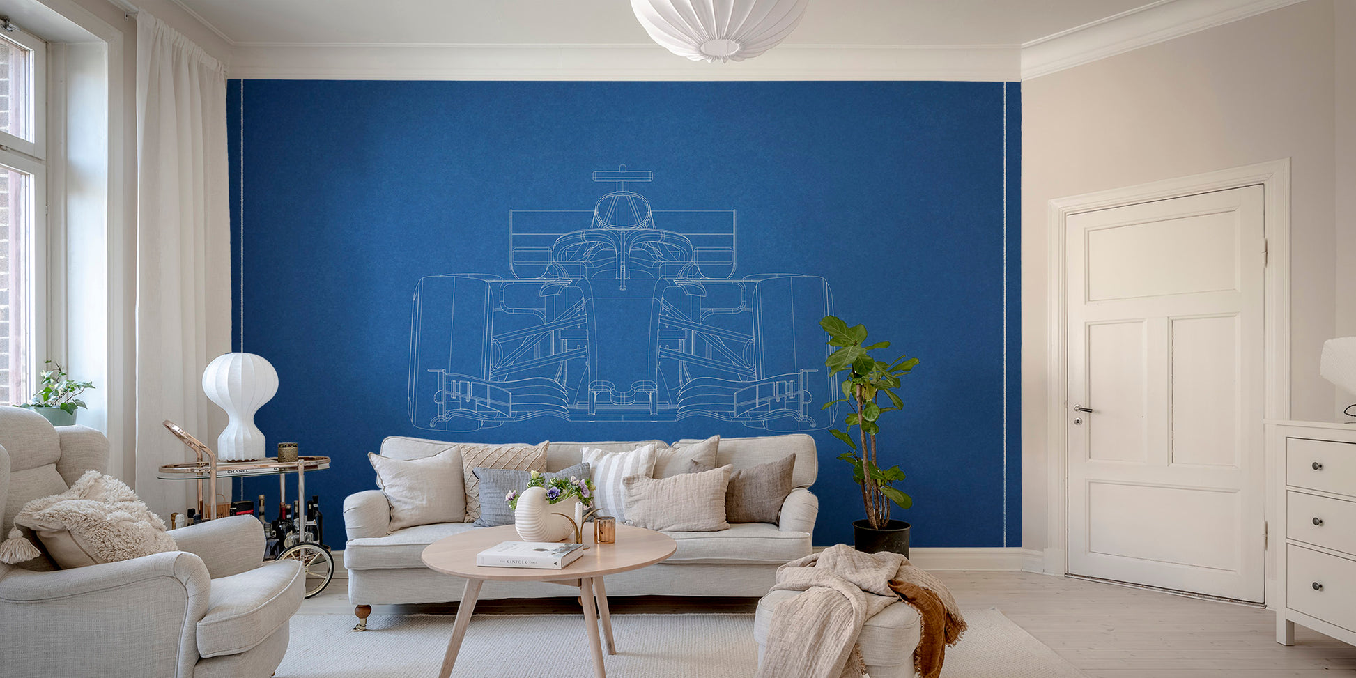 Artistic F1 car blueprint mural for interiors
