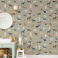Adorable dog-themed wallpaper in safari green hues
