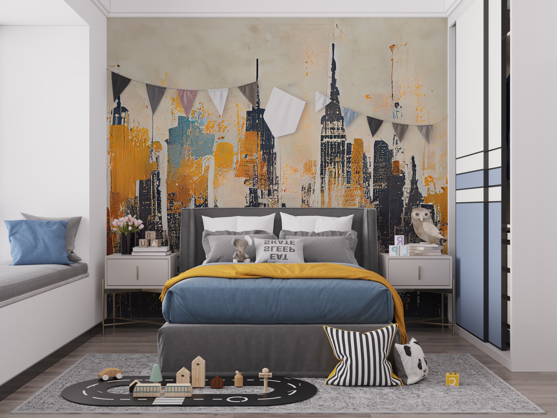 Chic Urban Skyline Wall Mural with Orange Hues
