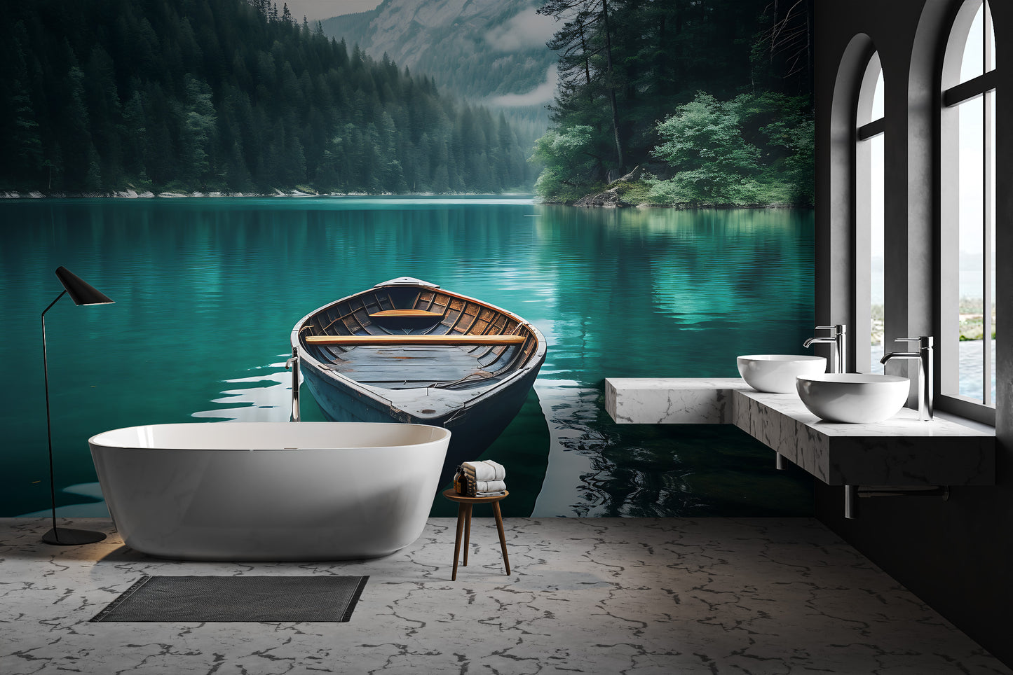 Breathtaking lake and boat scenic wallpaper
