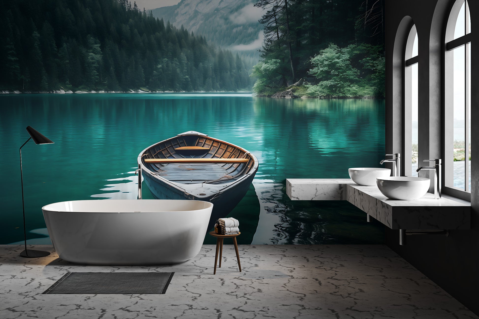 Breathtaking lake and boat scenic wallpaper
