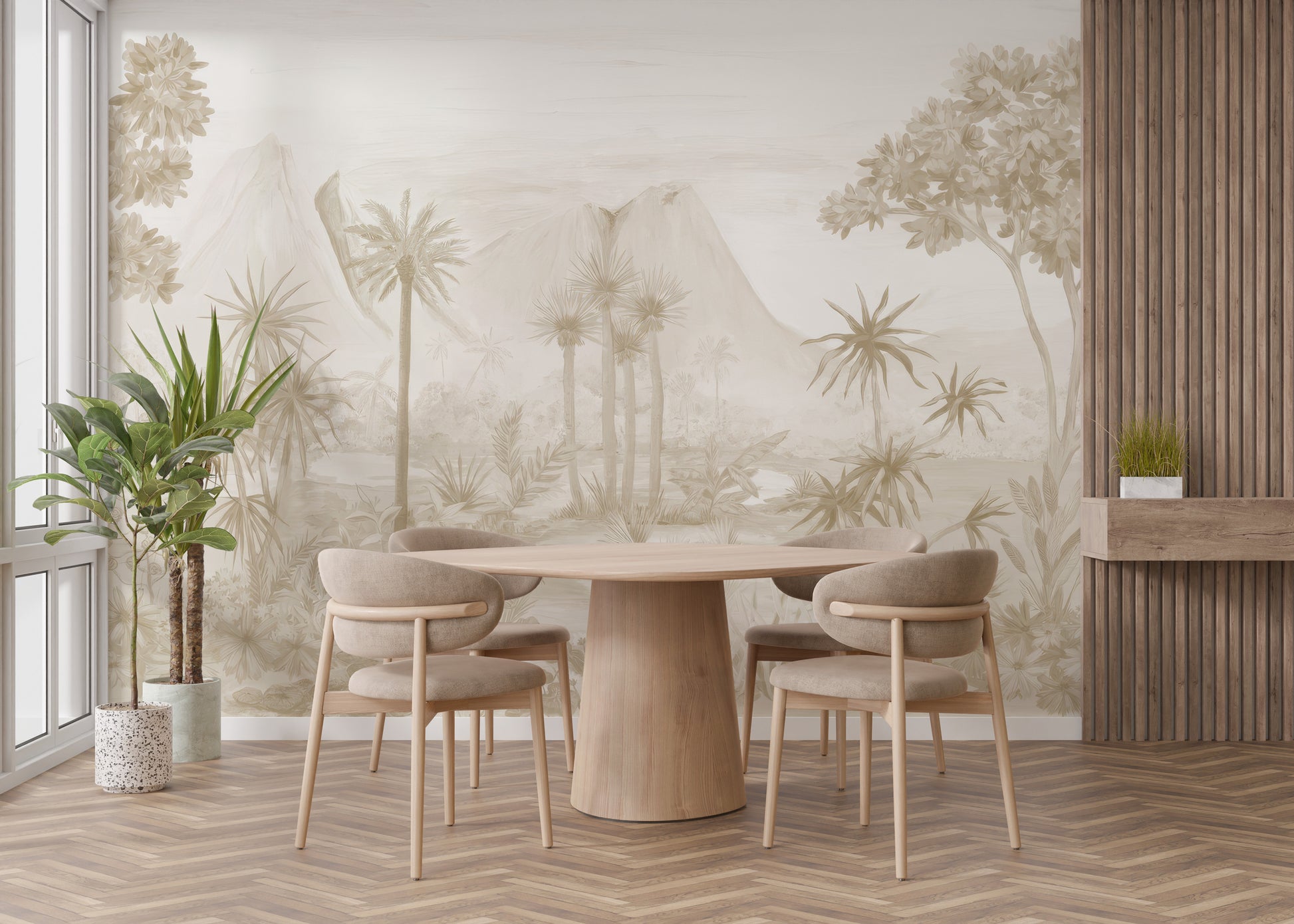 Sepia jungle mural creating a nostalgic and tranquil atmosphere
