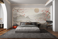 Cherry blossom landscape mural with gold accents
