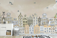 Watercolor Houses Wall Mural for a cozy, colorful look