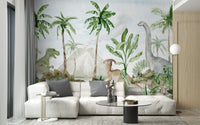 Unique watercolor mural capturing a prehistoric paradise theme