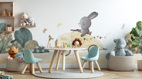 Whimsical bunny riding mural for fun spaces
