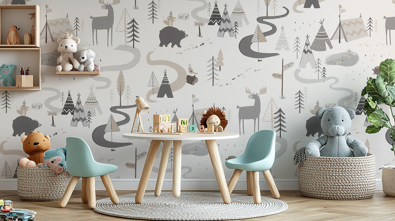 Storybook forest road mural with lush trees
