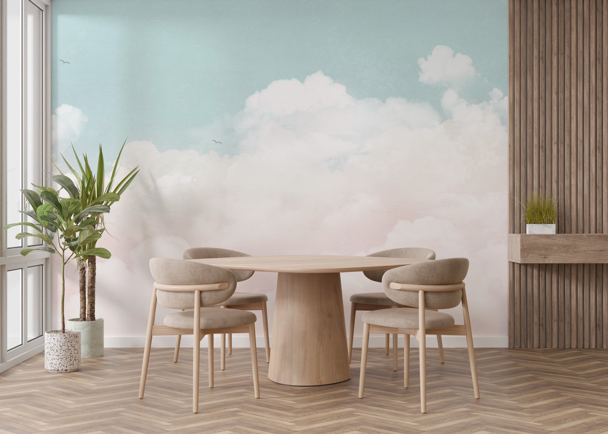 Whispering clouds mural for peaceful rooms
