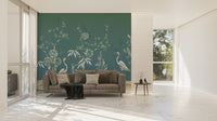 Vintage-inspired mural with cranes and garden wallpaper
