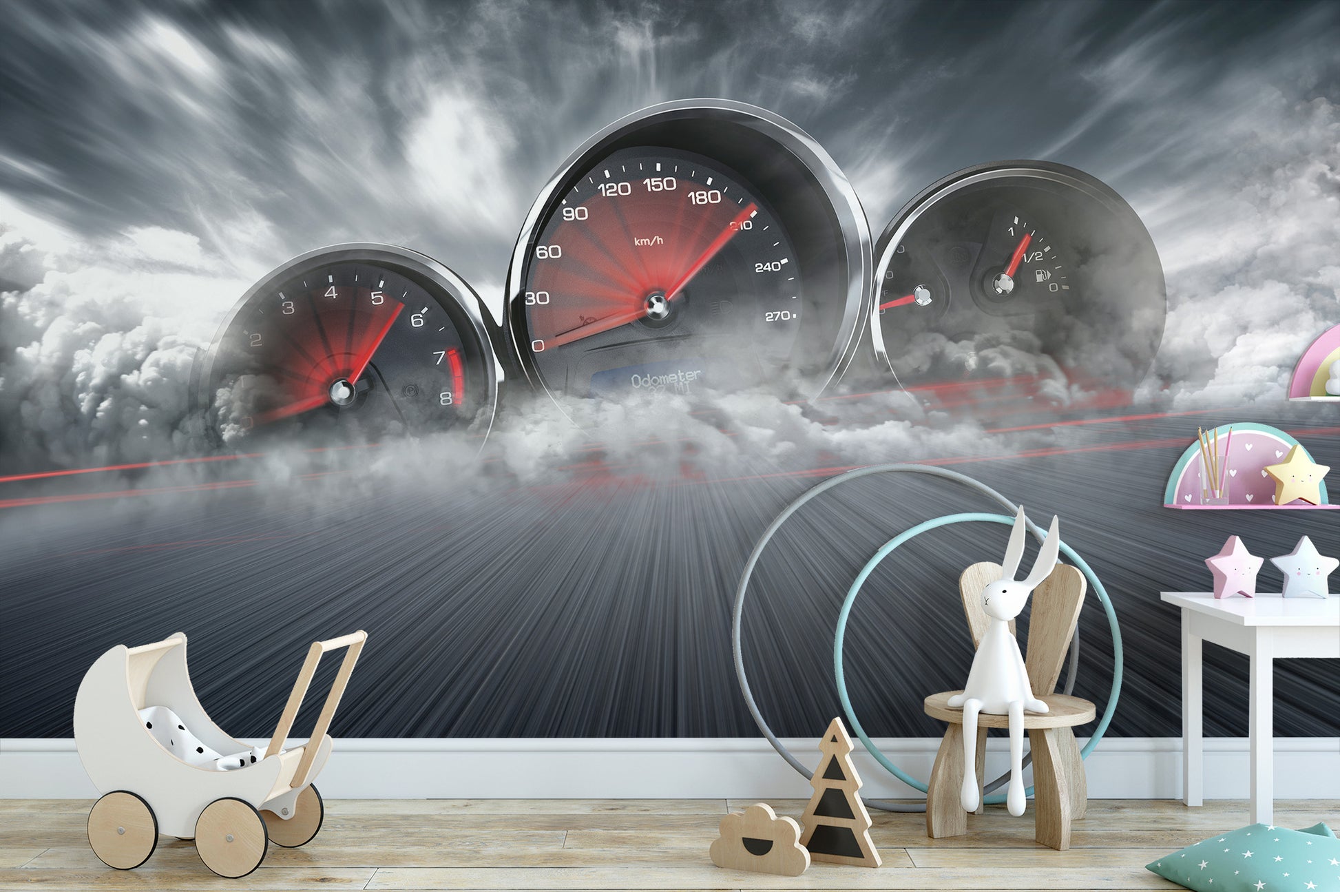 Racing speeds mural for dynamic decor
