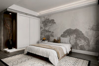 Grunge wall mural with a serene misty forest design