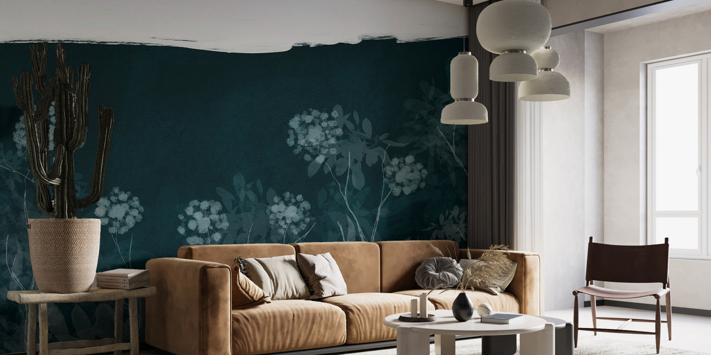 Serene meadow mural with nighttime vibes
