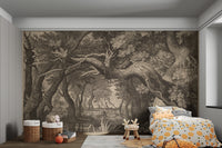 Detailed woodland scene engraving print
