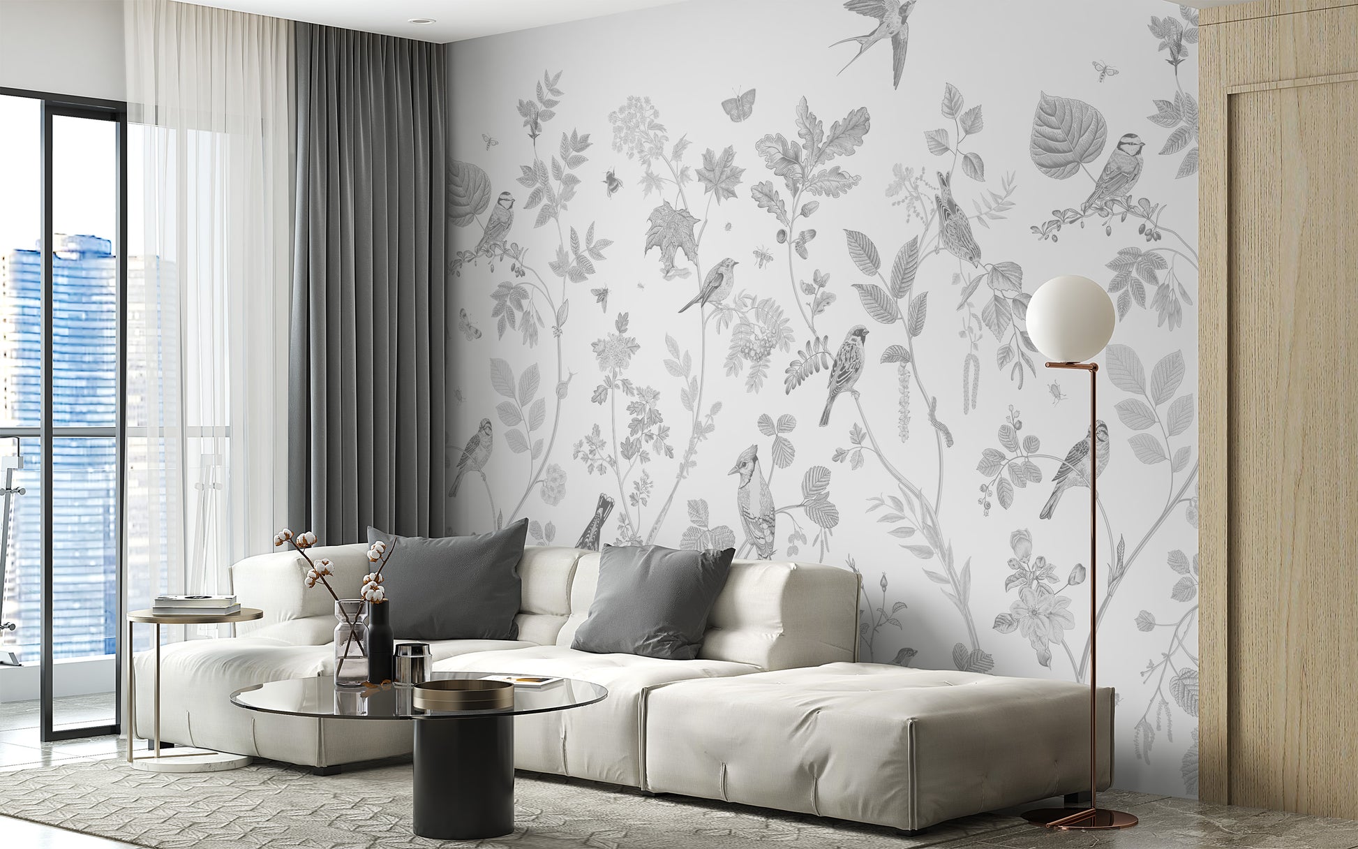 Garden-inspired mural with bird accents
