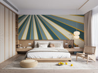 Abstract line mural with a mix of green, cream, and golden stripes