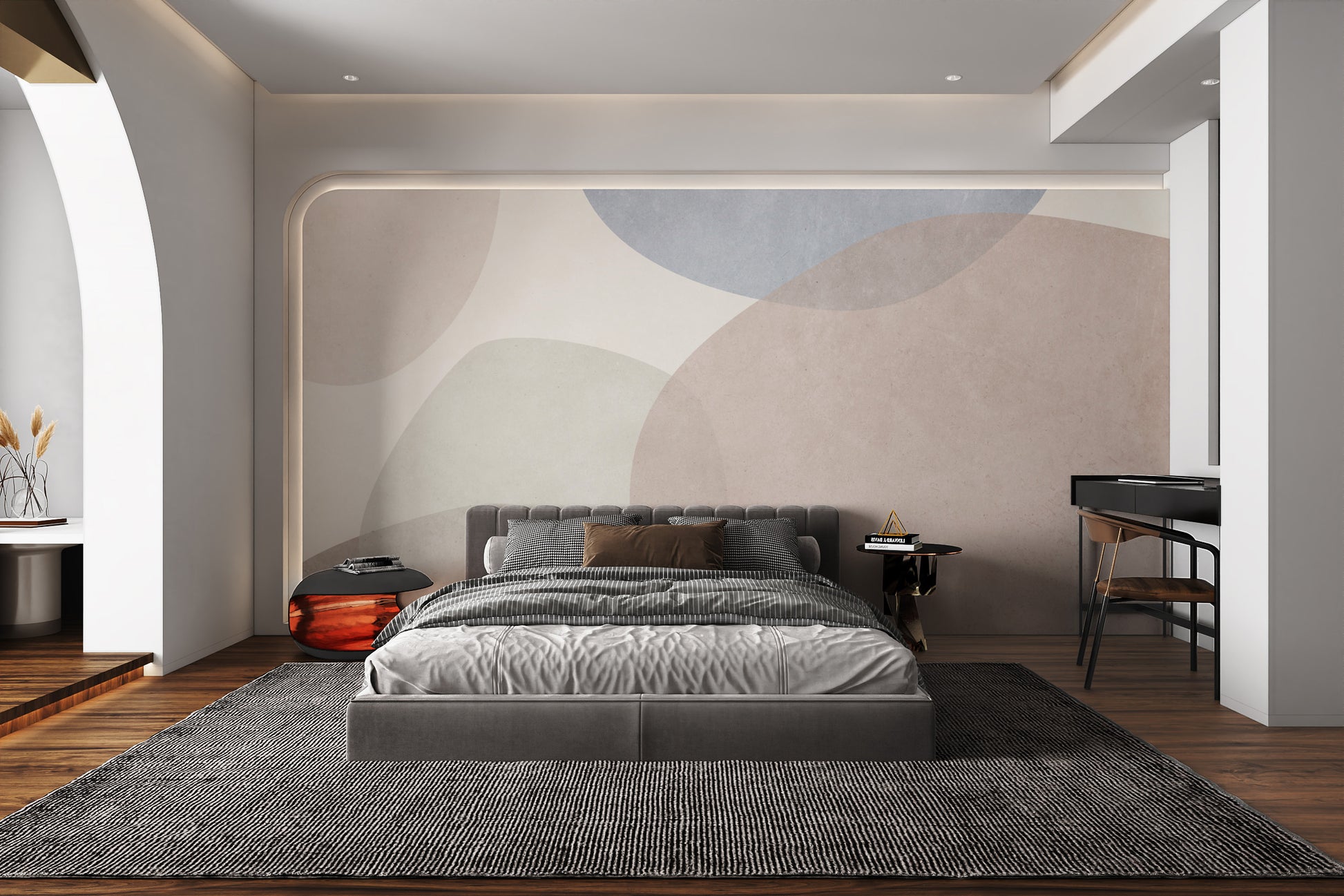 Modern pastel mural with dynamic geometric designs
