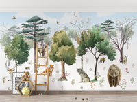 Whimsical woodland creatures mural in soft hues

