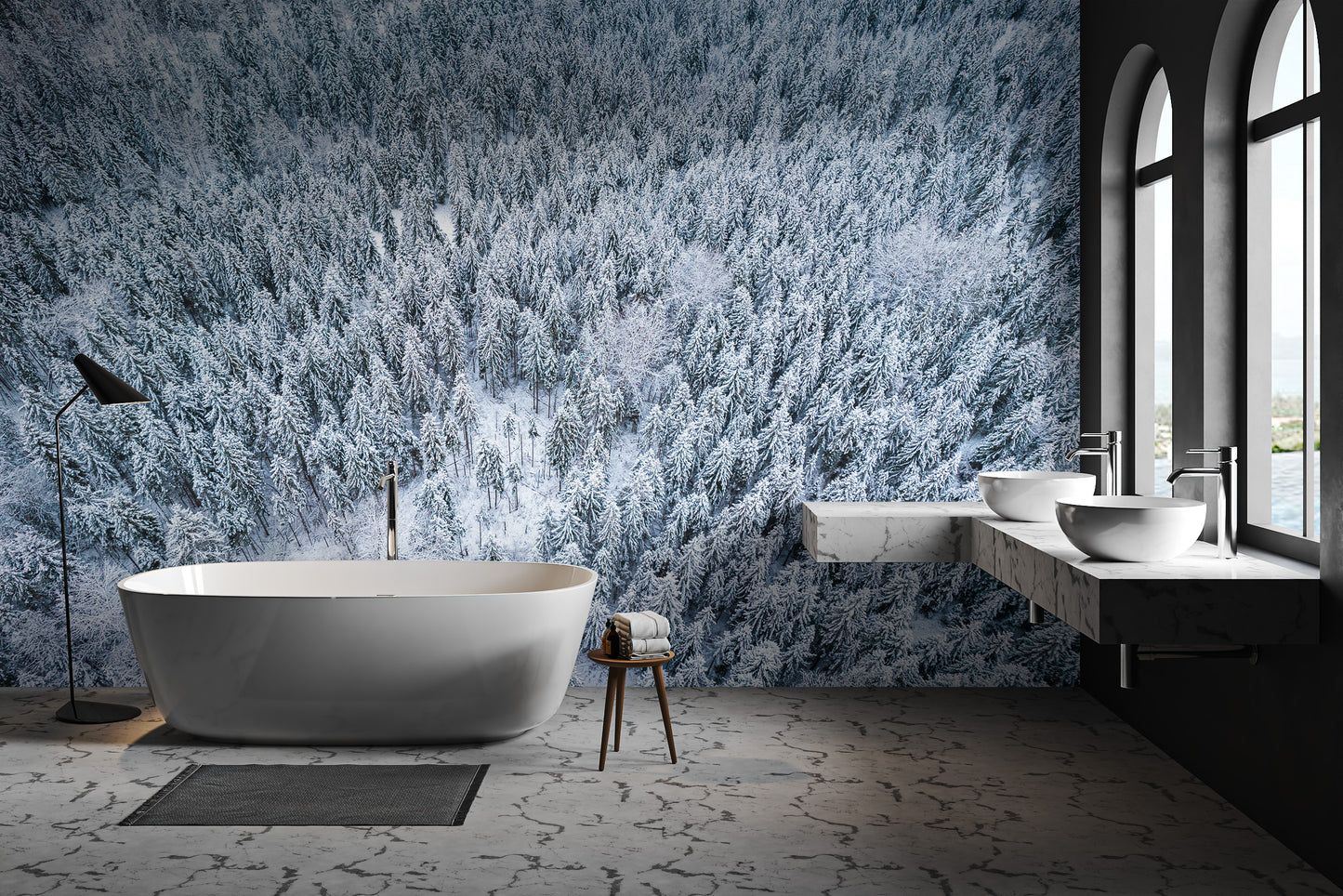 Snow-covered pine trees aerial wallpaper
