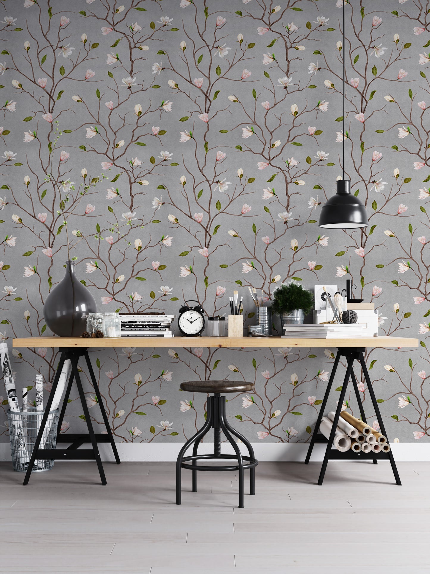 Grey Chinoiserie Pattern Magnolia Tree Flower Wallpaper