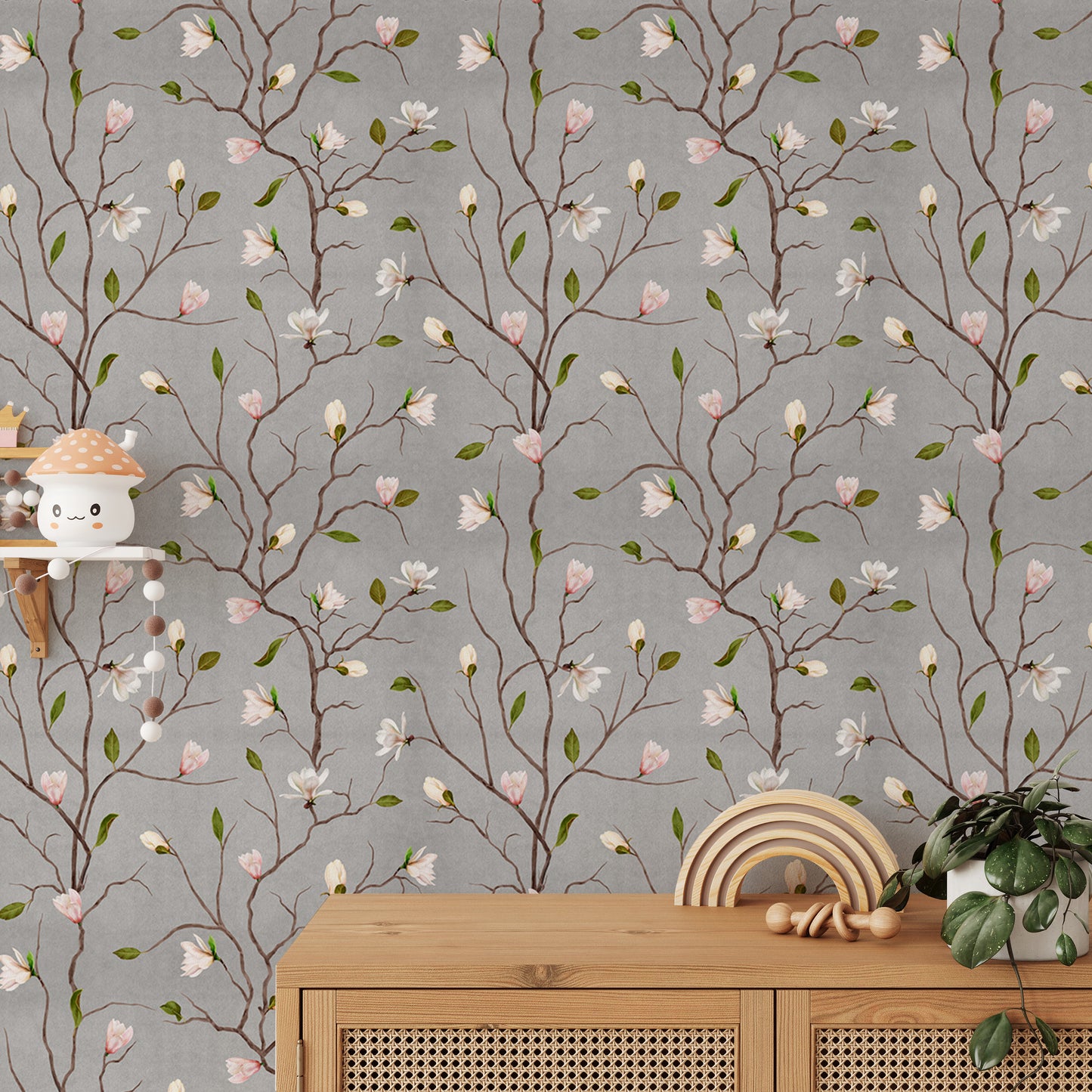 Grey Chinoiserie Pattern Magnolia Tree Flower Wallpaper