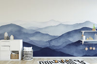 Tranquil misty blue mountain wall mural for rooms
