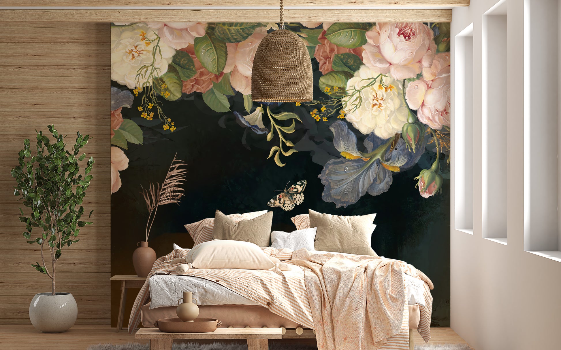 Flowering trees framing serene wall design
