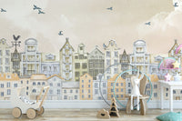 Watercolor Houses Wallpaper Mural with delicate details