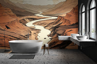 Scenic desert river illustration with golden hues