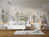 Watercolor Houses Wall Mural for a warm, inviting look