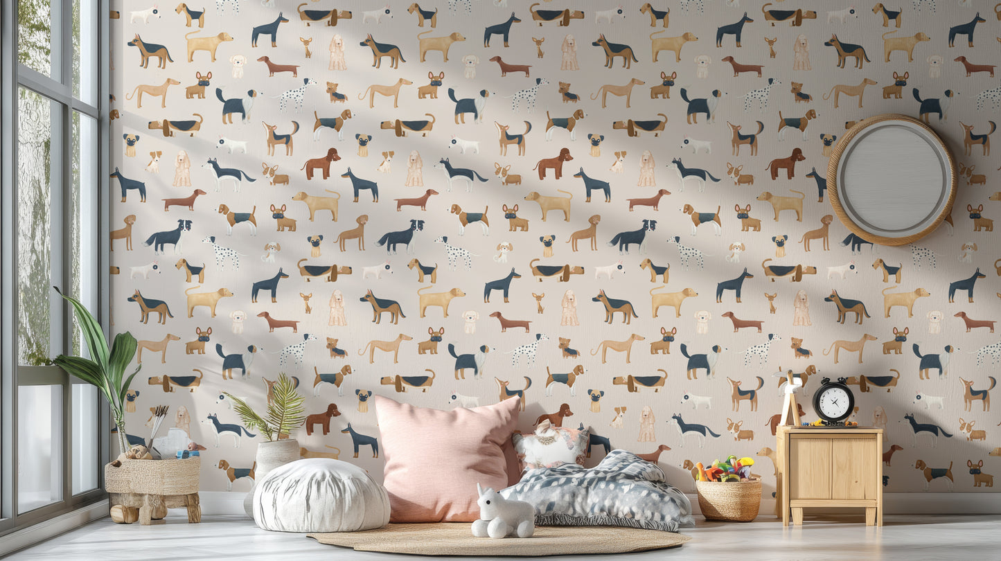 Dog breed pattern on beige wallpaper for stylish decor
