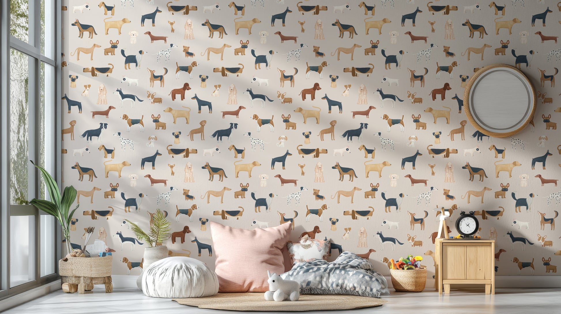 Dog breed pattern on beige wallpaper for stylish decor
