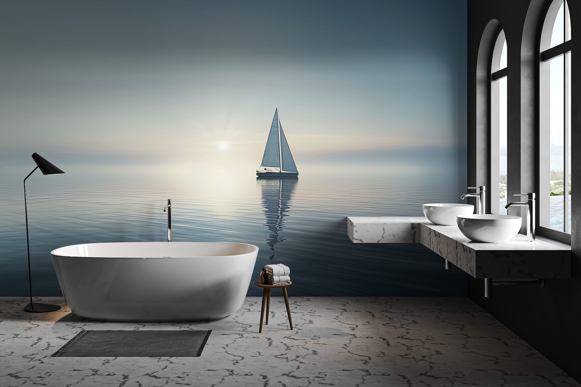 Dreamy ocean horizon wallpaper with a floating sailboat