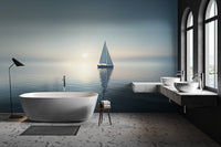 Dreamy ocean horizon wallpaper with a floating sailboat