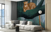 Jungle wallpaper with resting leopard motif
