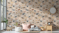 Elegant brown wallpaper featuring dog breed illustrations



