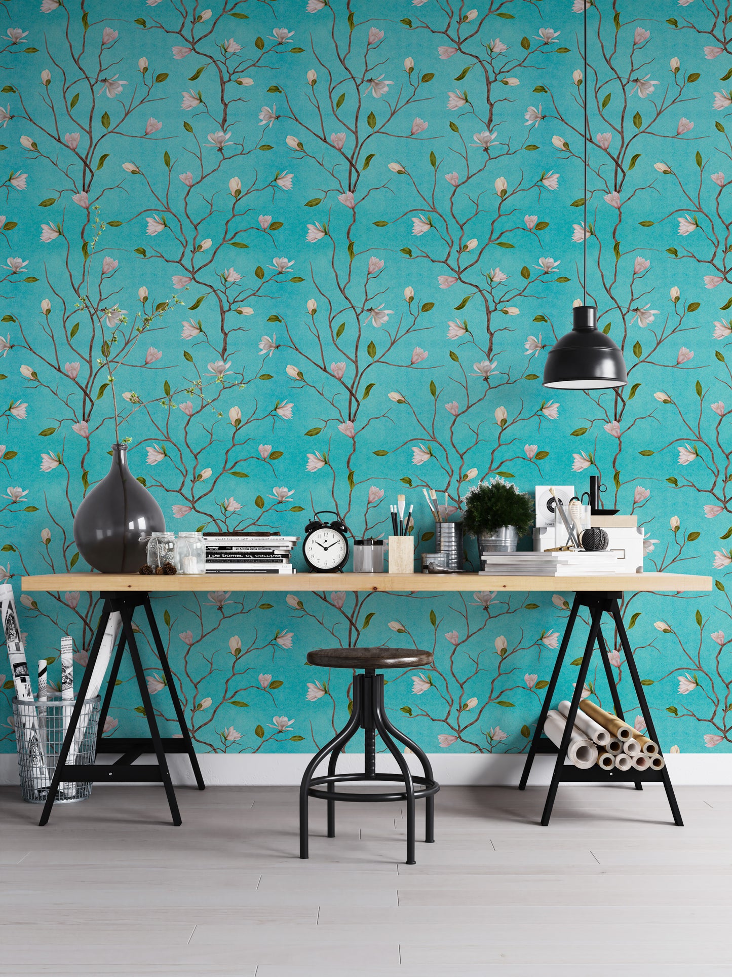 Turquoise Background Chinoiserie Magnolia Tree Flower Wallpaper