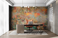Impressionist floral wallpaper with textured canvas look
