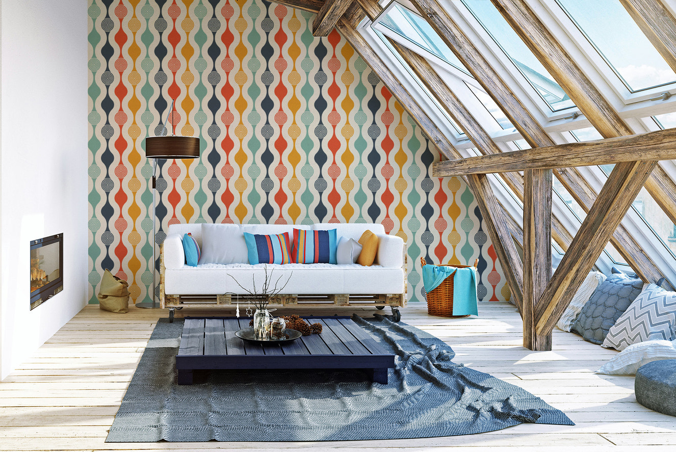 Colorful retro swirl wall art design.
