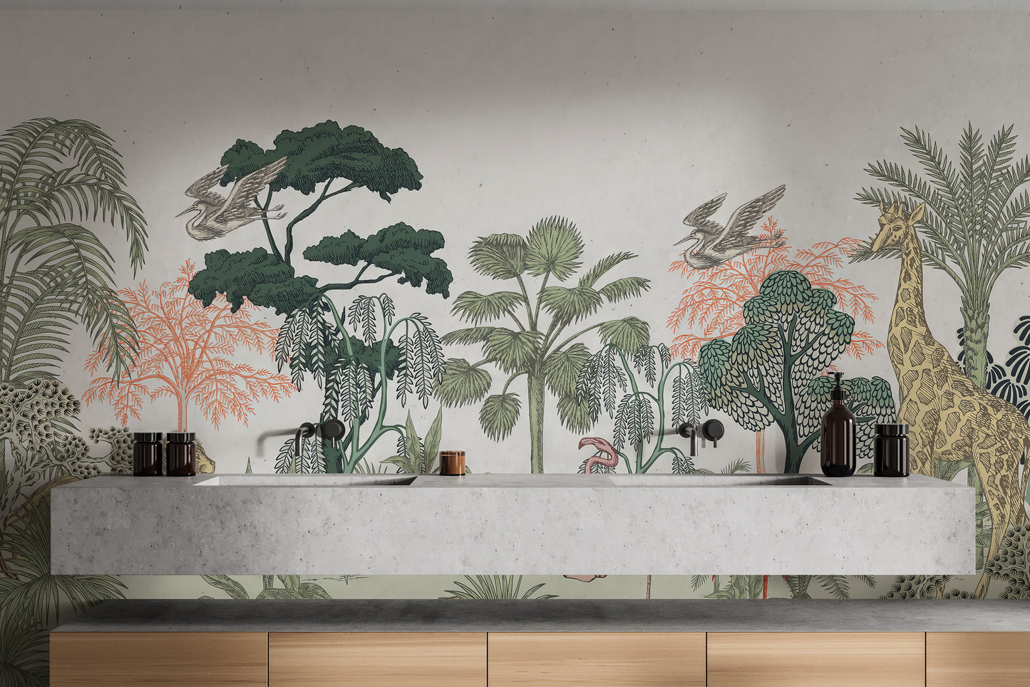 Lively jungle scene wallpaper with tropical wildlife
