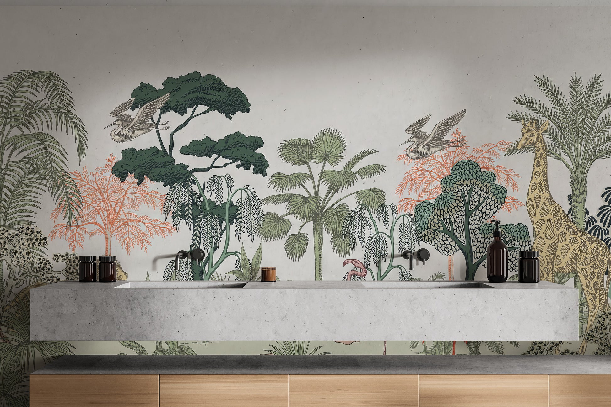 Lively jungle scene wallpaper with tropical wildlife
