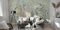 Dreamy flower meadow mural in soft watercolor style
