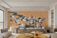 Elegant mural showcasing cranes in a flowing dance