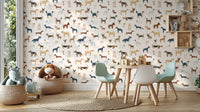 Cream-themed wallpaper with illustrations of dog breeds

